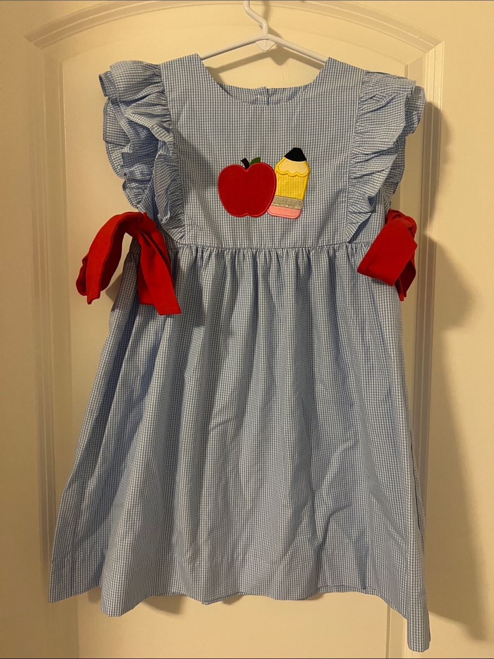 Light Blue Gingham Kids Dress with Red Apple & Pencil Appliqué